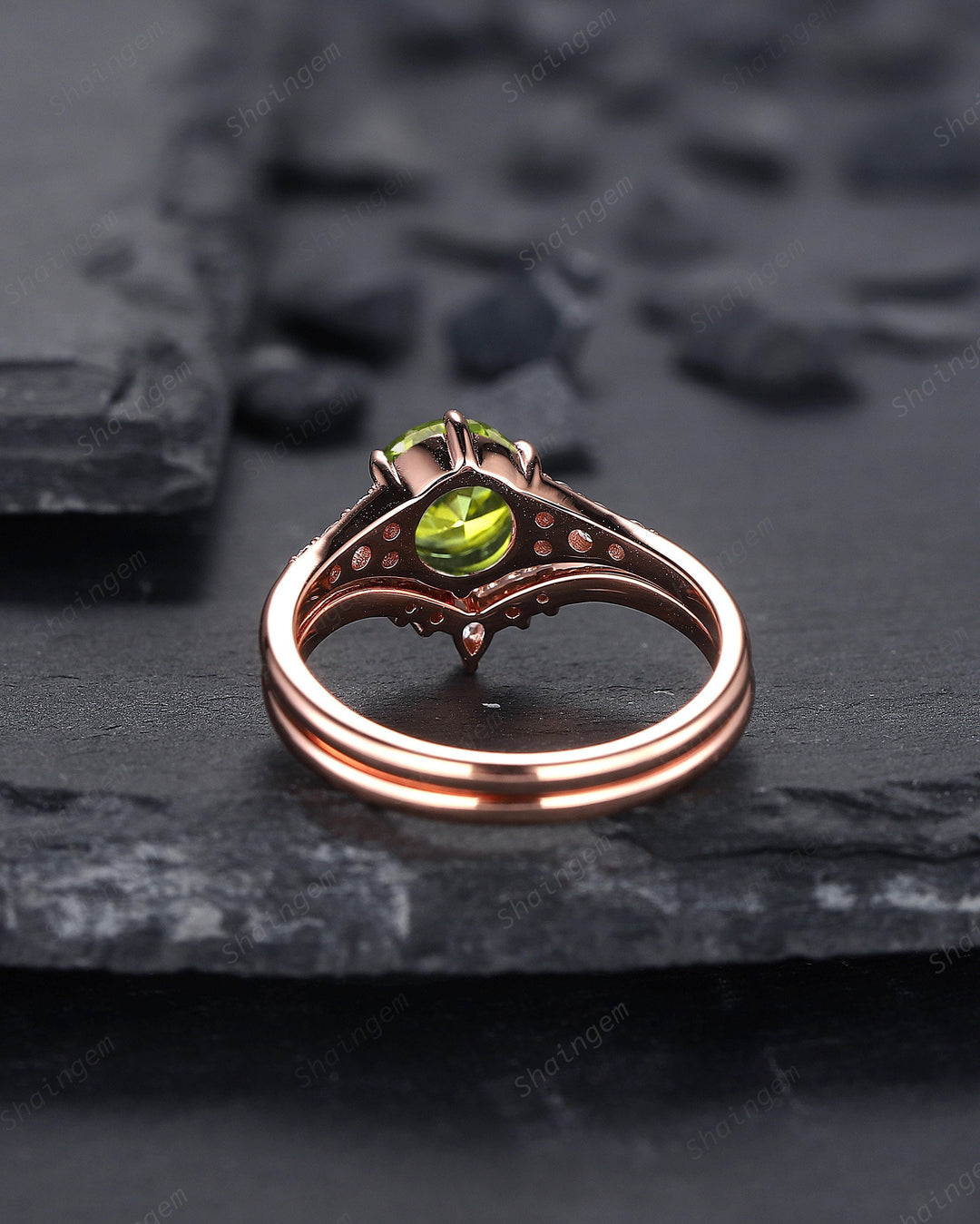 Vintage Round Shape Peridot Engagement Ring Set, Unique 14k Rose Gold Peridot Promise Ring, Peridot Bridal Set Anniversary Ring Gift for her - ShainJewelry