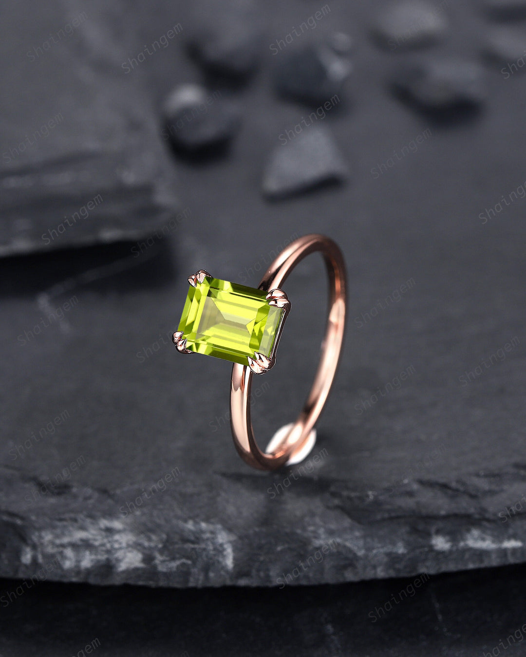 Vintage Emerald Cut Peridot Solitaire Engagement Ring, Peridot Promise Ring, Peridot Wedding Ring, Plain Band Rose Gold Ring Gift for Women - ShainJewelry