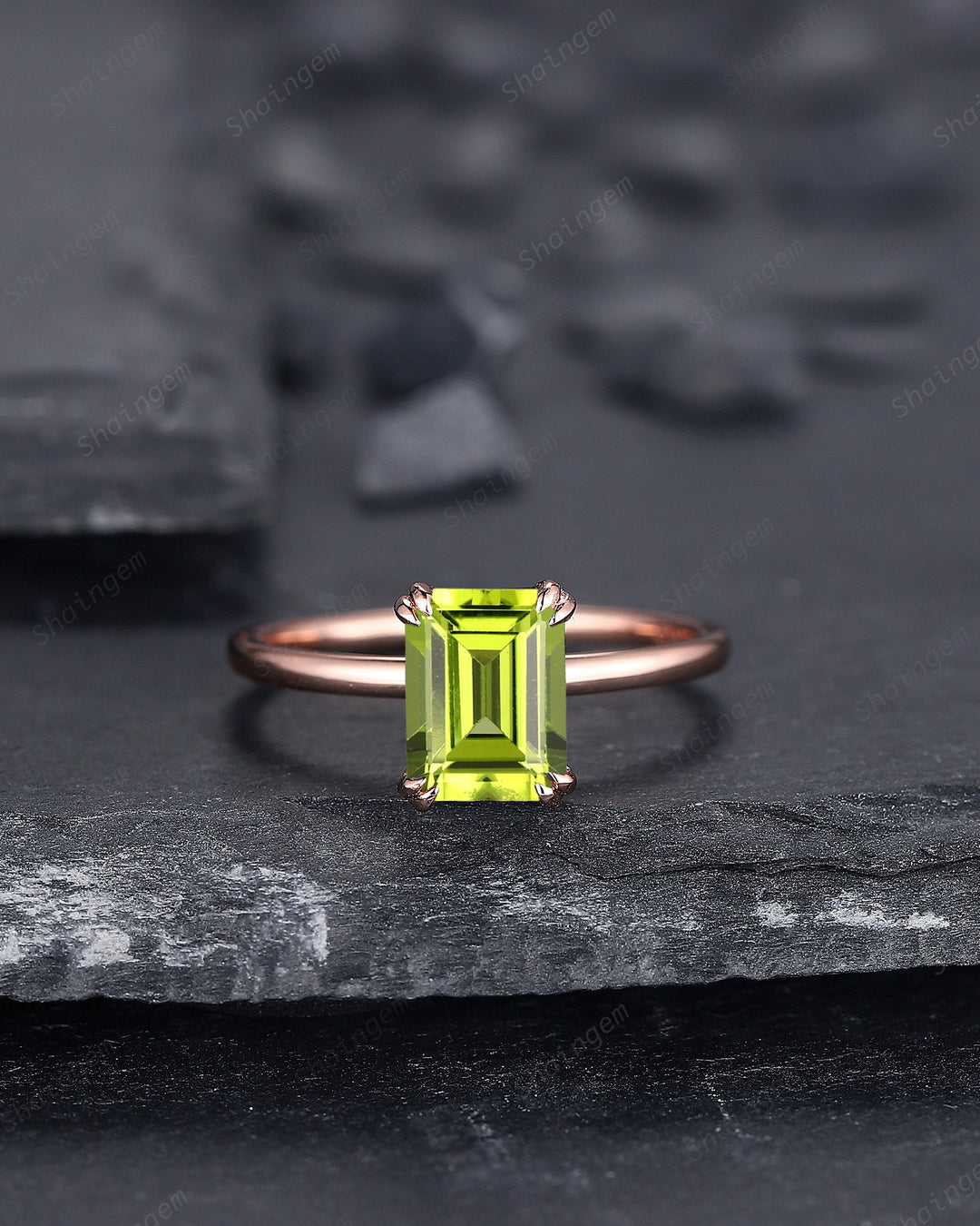 Vintage Emerald Cut Peridot Solitaire Engagement Ring, Peridot Promise Ring, Peridot Wedding Ring, Plain Band Rose Gold Ring Gift for Women - ShainJewelry