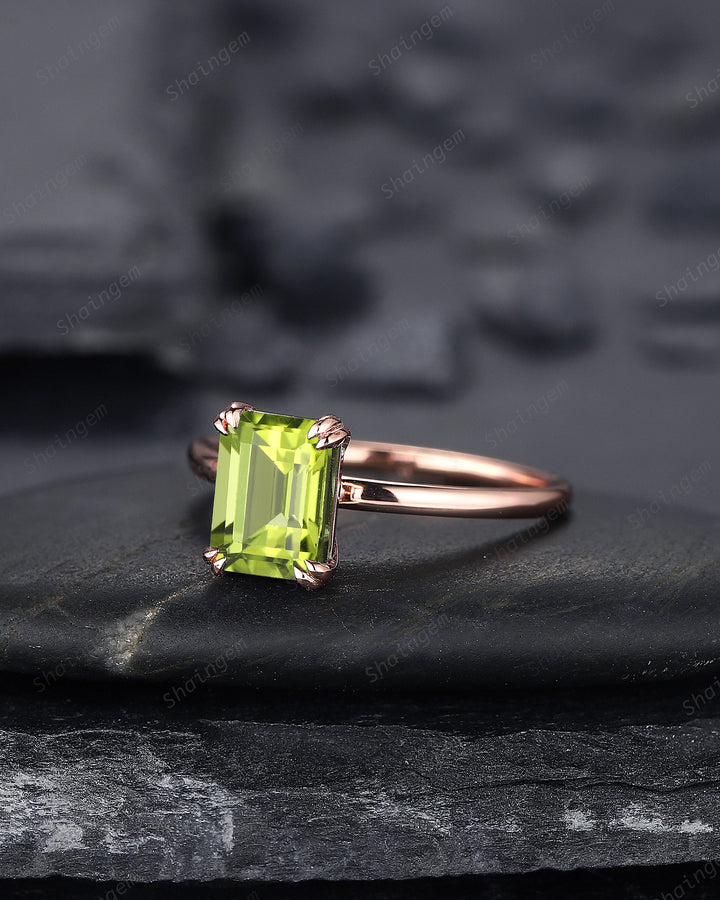 Vintage Emerald Cut Peridot Solitaire Engagement Ring, Peridot Promise Ring, Peridot Wedding Ring, Plain Band Rose Gold Ring Gift for Women - ShainJewelry