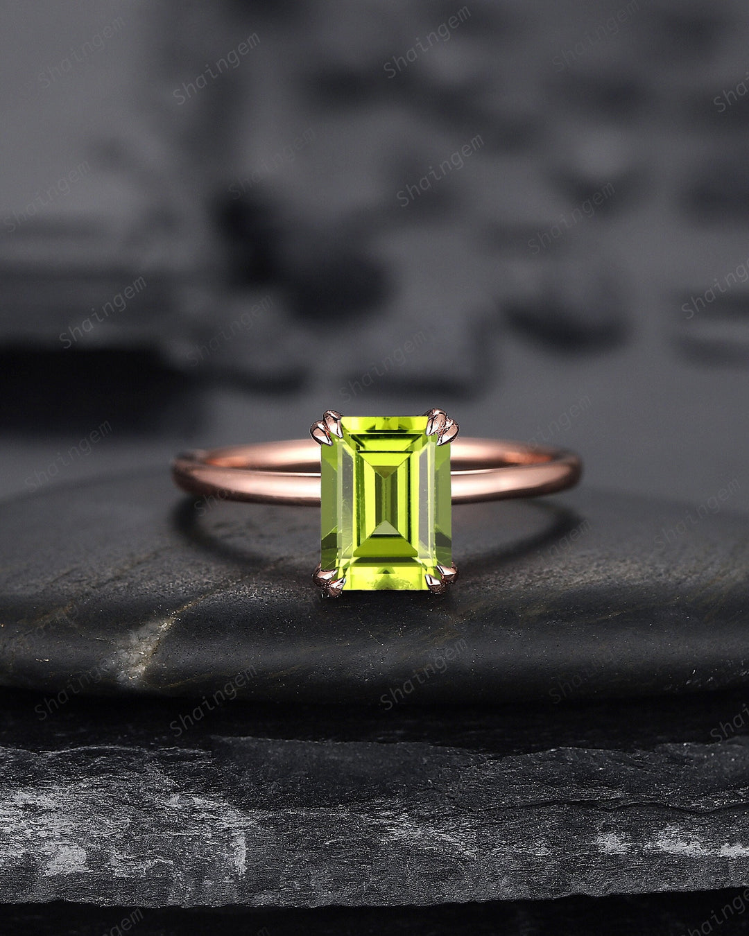 Vintage Emerald Cut Peridot Solitaire Engagement Ring, Peridot Promise Ring, Peridot Wedding Ring, Plain Band Rose Gold Ring Gift for Women - ShainJewelry