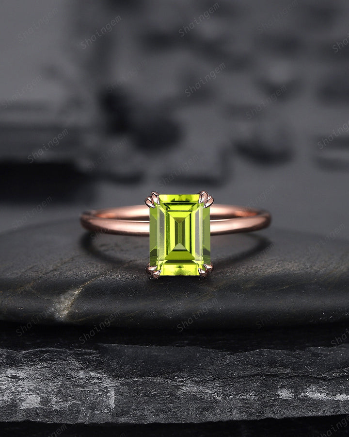 Vintage Emerald Cut Peridot Solitaire Engagement Ring, Peridot Promise Ring, Peridot Wedding Ring, Plain Band Rose Gold Ring Gift for Women - ShainJewelry