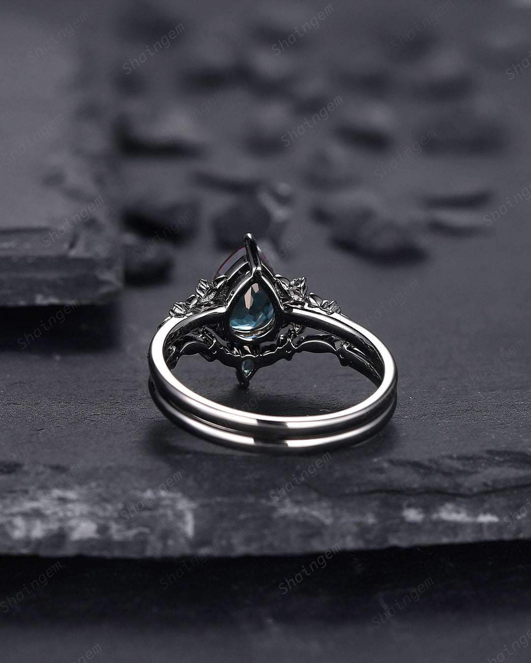 Gothic Black Gold Pear Shape Alexandrite Engagement Ring Set, Black Floral Promise Ring Set Unique Rhodium Black Witchy Ring Bridal Set Gift - ShainJewelry