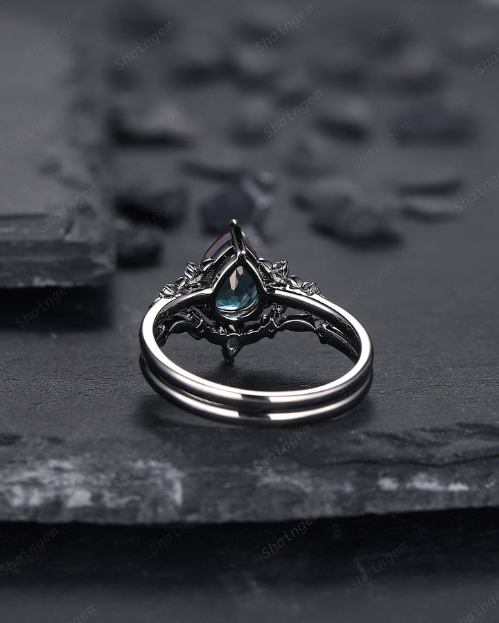 Gothic Black Gold Pear Shape Alexandrite Engagement Ring Set, Black Floral Promise Ring Set Unique Rhodium Black Witchy Ring Bridal Set Gift - ShainJewelry