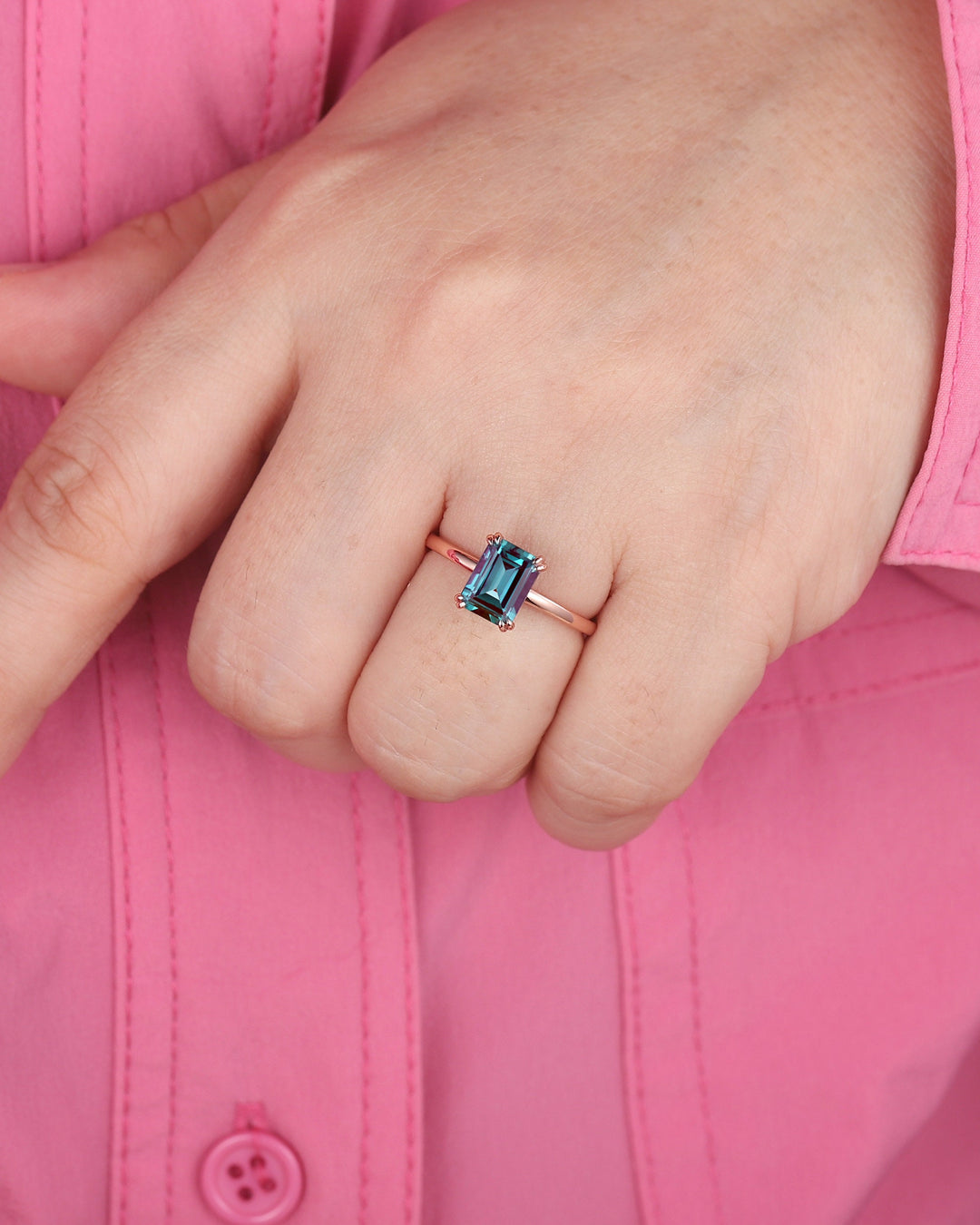 Vintage Emerald Cut Solitaire Alexandrite Engagement Ring,14K Rose Gold High Profile Alexandrite Ring, Promise Anniversary Ring Gift for her - ShainJewelry