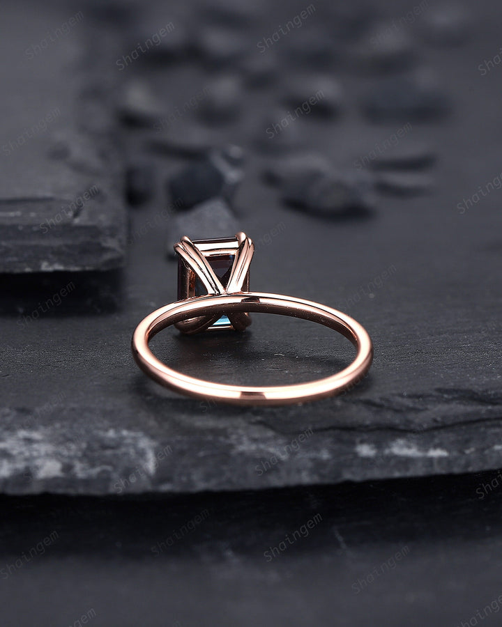 Vintage Emerald Cut Solitaire Alexandrite Engagement Ring,14K Rose Gold High Profile Alexandrite Ring, Promise Anniversary Ring Gift for her - ShainJewelry