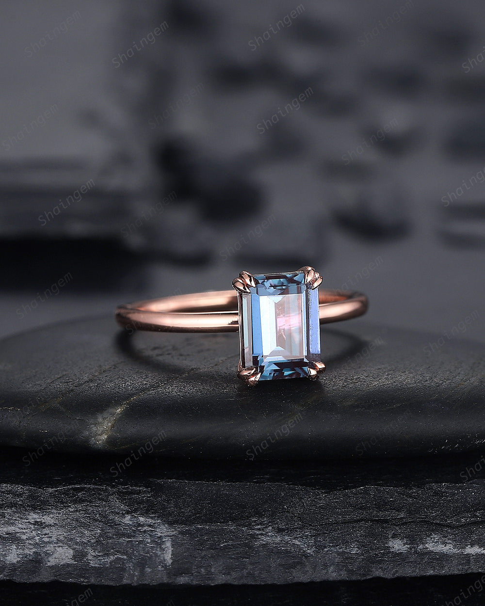 Vintage Emerald Cut Solitaire Alexandrite Engagement Ring,14K Rose Gold High Profile Alexandrite Ring, Promise Anniversary Ring Gift for her - ShainJewelry