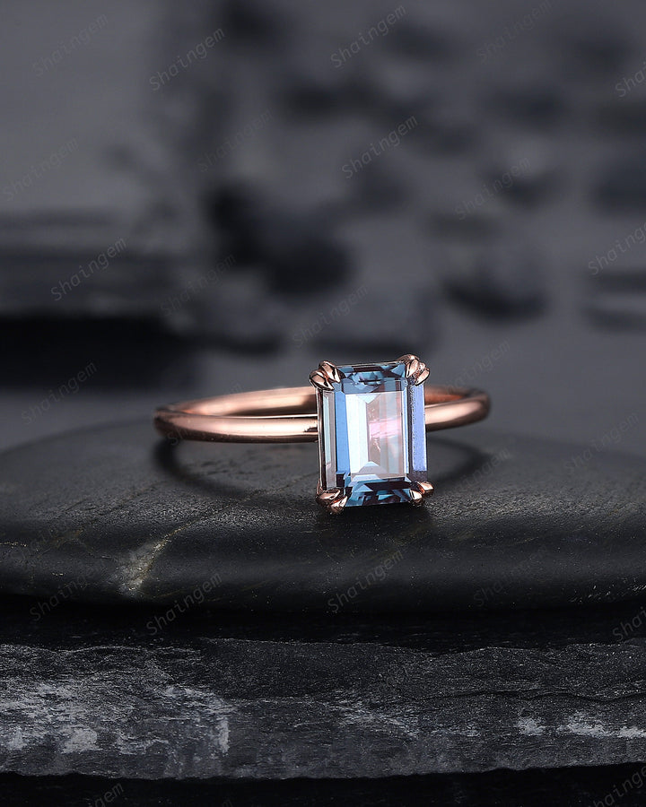 Vintage Emerald Cut Solitaire Alexandrite Engagement Ring,14K Rose Gold High Profile Alexandrite Ring, Promise Anniversary Ring Gift for her - ShainJewelry
