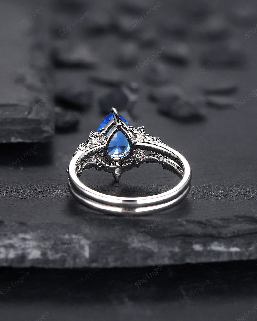 Pear Shape Blue Fire Spinel Engagement Ring Set, Sterling Silver Floral Blue Spinel Promise Ring, Nature Inspired Bridal Set Gift For Women - ShainJewelry