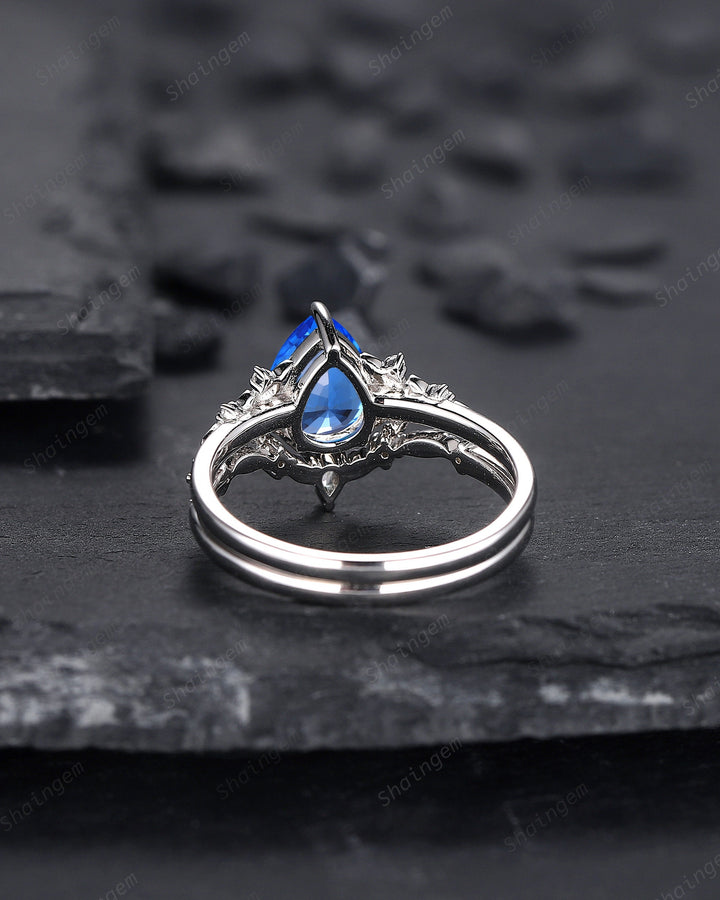 Pear Shape Blue Fire Spinel Engagement Ring Set, Sterling Silver Floral Blue Spinel Promise Ring, Nature Inspired Bridal Set Gift For Women - ShainJewelry