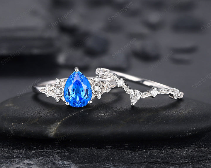 Pear Shape Blue Fire Spinel Engagement Ring Set, Sterling Silver Floral Blue Spinel Promise Ring, Nature Inspired Bridal Set Gift For Women - ShainJewelry