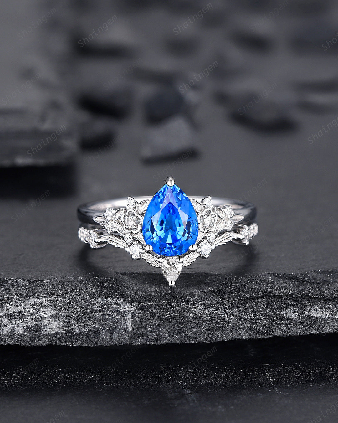 Pear Shape Blue Fire Spinel Engagement Ring Set, Sterling Silver Floral Blue Spinel Promise Ring, Nature Inspired Bridal Set Gift For Women - ShainJewelry
