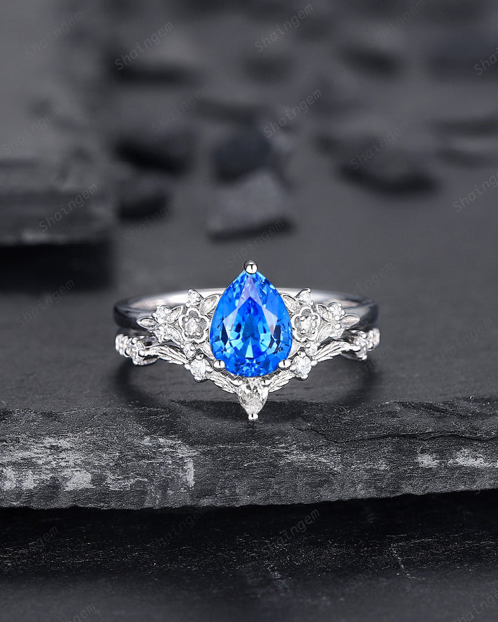 Pear Shape Blue Fire Spinel Engagement Ring Set, Sterling Silver Floral Blue Spinel Promise Ring, Nature Inspired Bridal Set Gift For Women - ShainJewelry