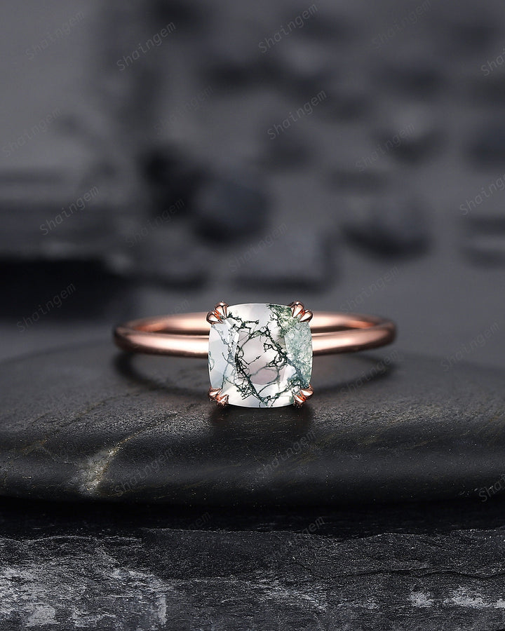 Cushion Shape Solitaire Moss Agate Engagement Ring, Rose Gold Moss Agate Promise Ring, Minimalist Anniversary Ring Jewelry Gift for Women - ShainJewelry