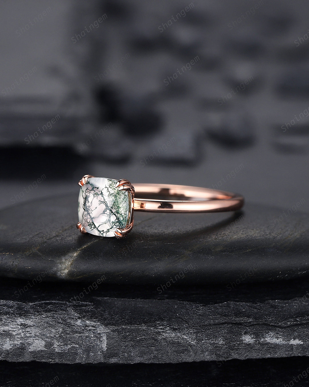 Cushion Shape Solitaire Moss Agate Engagement Ring, Rose Gold Moss Agate Promise Ring, Minimalist Anniversary Ring Jewelry Gift for Women - ShainJewelry