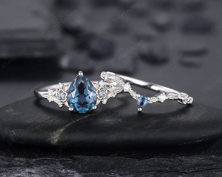 Pear Shape Alexandrite Engagement Ring Set, Solid White Gold Floral Alexandrite Promise Ring, Nature Inspired Bridal Set Gift For Women - ShainJewelry