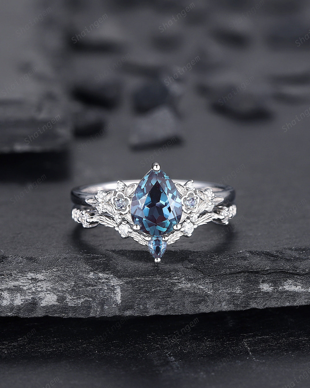 Pear Shape Alexandrite Engagement Ring Set, Solid White Gold Floral Alexandrite Promise Ring, Nature Inspired Bridal Set Gift For Women - ShainJewelry