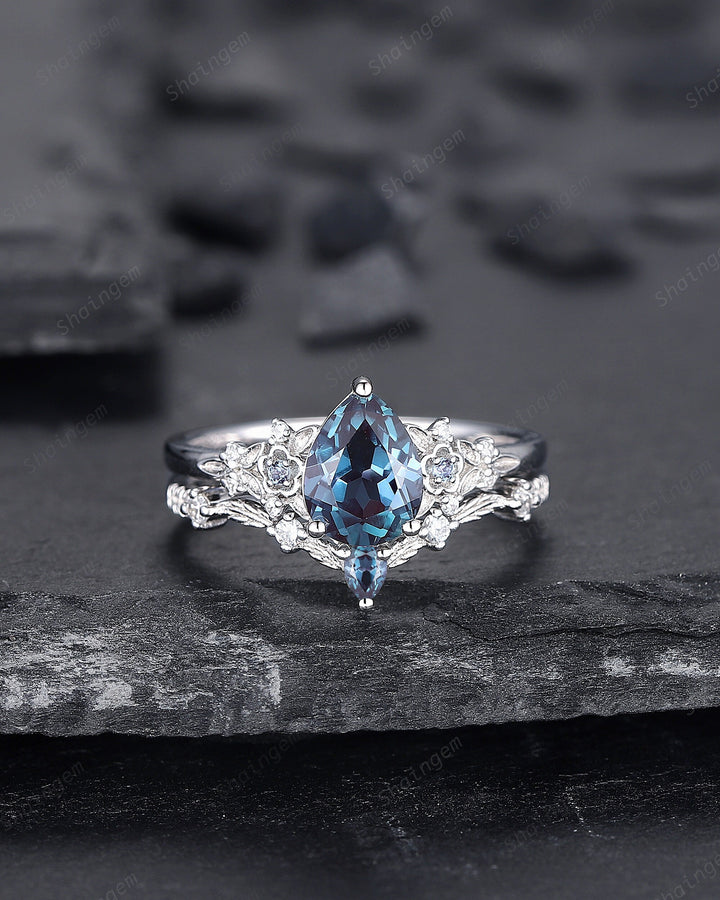 Pear Shape Alexandrite Engagement Ring Set, Solid White Gold Floral Alexandrite Promise Ring, Nature Inspired Bridal Set Gift For Women - ShainJewelry