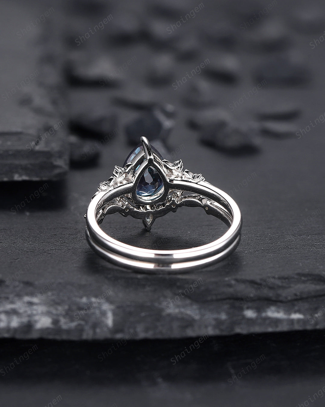 Pear Shape Alexandrite Engagement Ring Set, Solid White Gold Floral Alexandrite Promise Ring, Nature Inspired Bridal Set Gift For Women - ShainJewelry