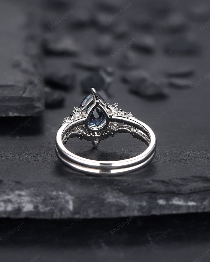 Pear Shape Alexandrite Engagement Ring Set, Solid White Gold Floral Alexandrite Promise Ring, Nature Inspired Bridal Set Gift For Women - ShainJewelry