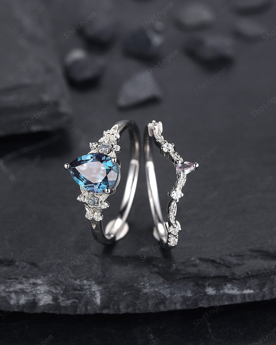 Pear Shape Alexandrite Engagement Ring Set, Solid White Gold Floral Alexandrite Promise Ring, Nature Inspired Bridal Set Gift For Women - ShainJewelry