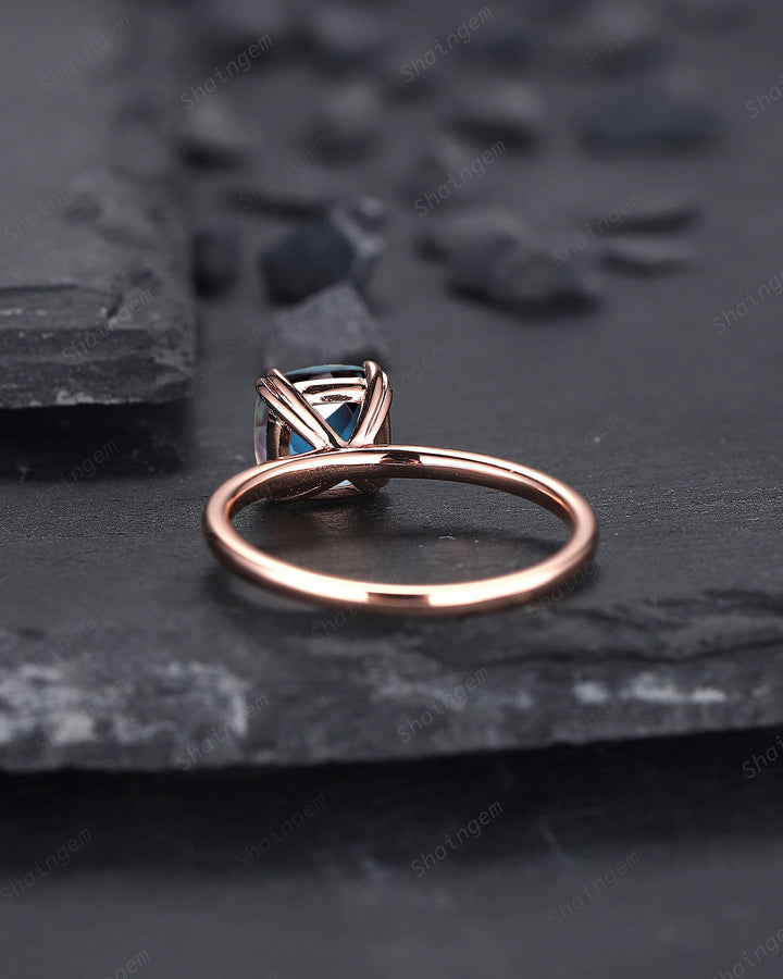Vintage Cushion Cut Solitaire Alexandrite Engagement Ring,14K Rose Gold High Profile Alexandrite Ring, Promise Anniversary Ring Gift for her - ShainJewelry