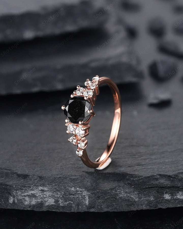6mm Round Cut Natural Black Diamond Engagement Ring ,14K 18K Rose Gold Diamond Snowdrift Promise Ring Cluster Wedding Anniversary Ring Gift - ShainJewelry