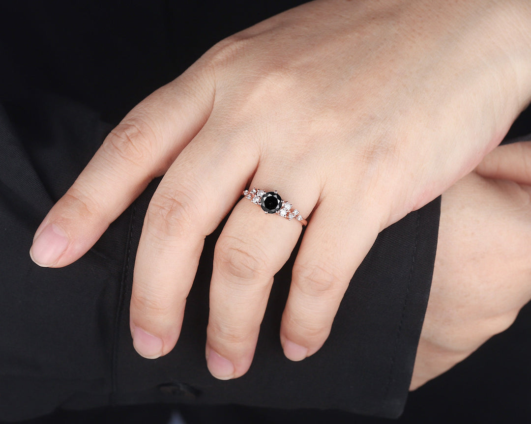 6mm Round Cut Natural Black Diamond Engagement Ring ,14K 18K Rose Gold Diamond Snowdrift Promise Ring Cluster Wedding Anniversary Ring Gift - ShainJewelry
