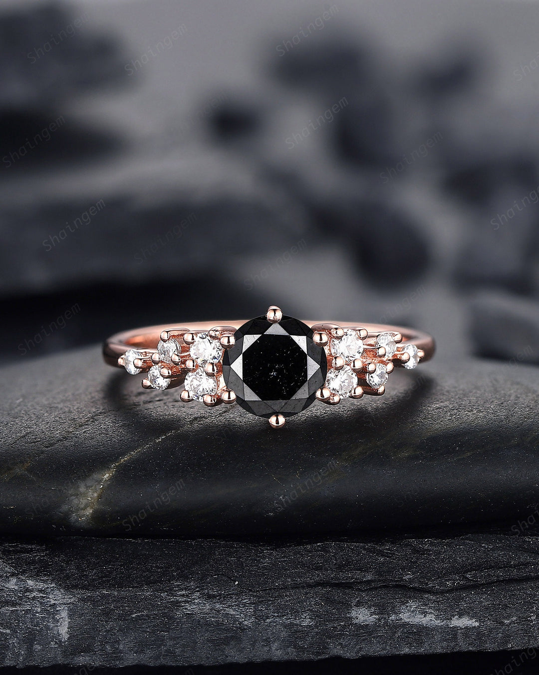 6mm Round Cut Natural Black Diamond Engagement Ring ,14K 18K Rose Gold Diamond Snowdrift Promise Ring Cluster Wedding Anniversary Ring Gift - ShainJewelry