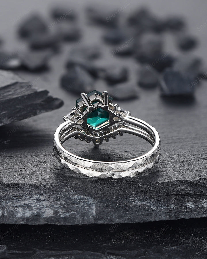 Unique Hammered Emerald Engagement Ring Set, Hand Forged 14K 18K White Gold Hexagon Cut Green Emerald Wedding Bridal Set ,Promise Ring Gift - ShainJewelry