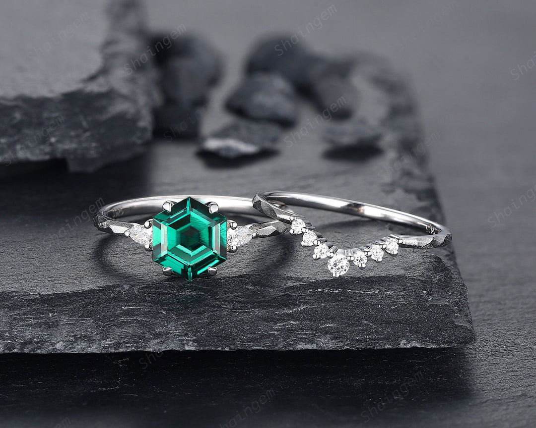 Unique Hammered Emerald Engagement Ring Set, Hand Forged 14K 18K White Gold Hexagon Cut Green Emerald Wedding Bridal Set ,Promise Ring Gift - ShainJewelry