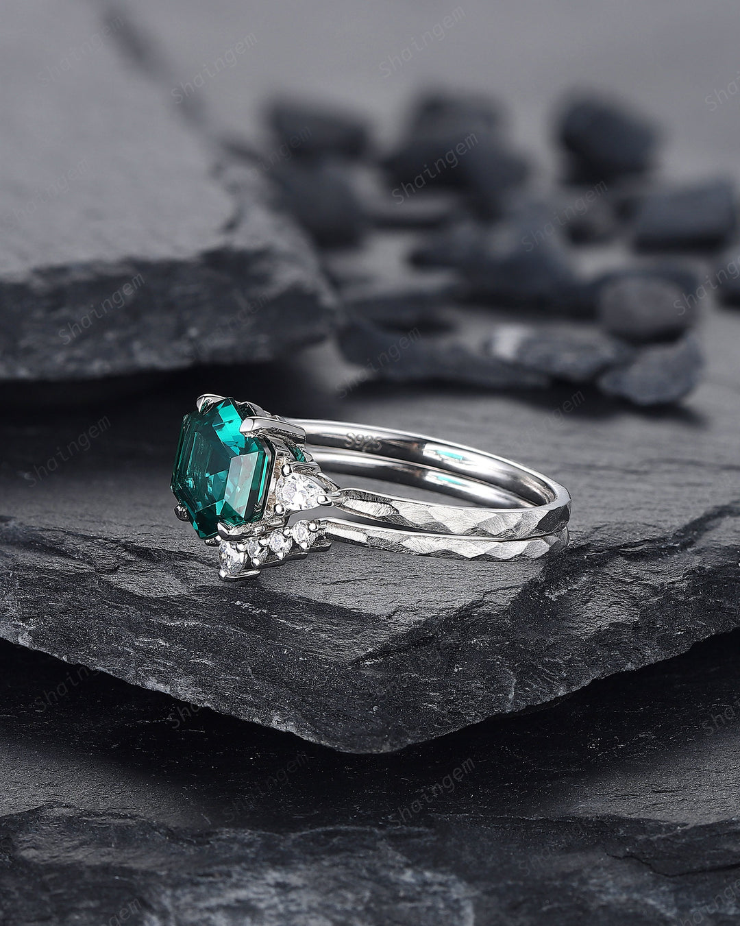 Unique Hammered Emerald Engagement Ring Set, Hand Forged 14K 18K White Gold Hexagon Cut Green Emerald Wedding Bridal Set ,Promise Ring Gift - ShainJewelry