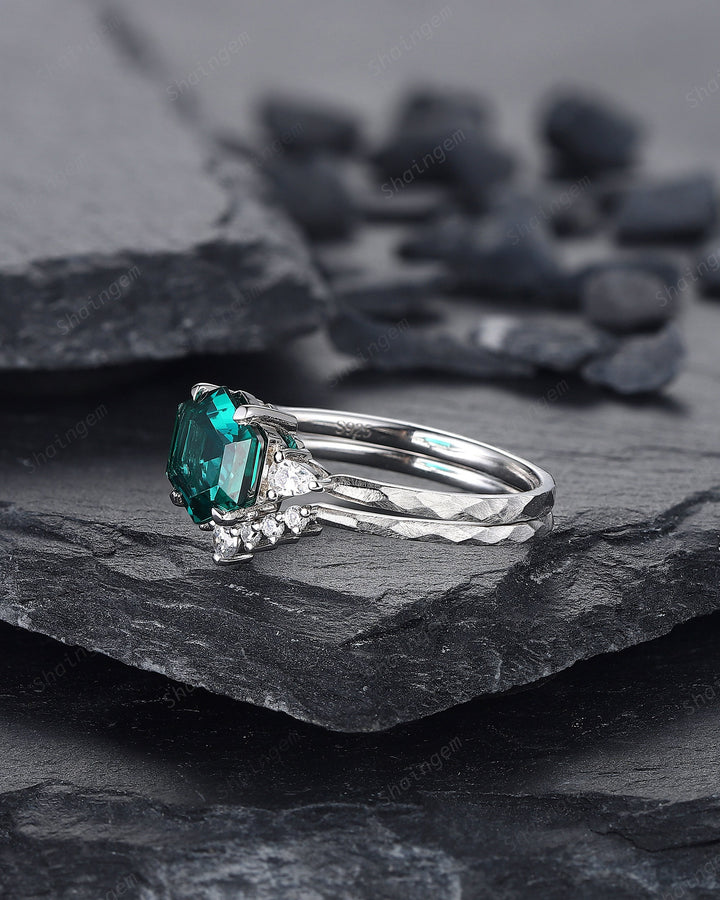 Unique Hammered Emerald Engagement Ring Set, Hand Forged 14K 18K White Gold Hexagon Cut Green Emerald Wedding Bridal Set ,Promise Ring Gift - ShainJewelry