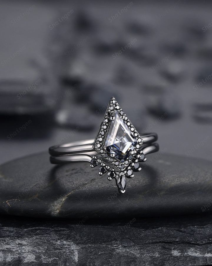 Black Gold Kite Shape Gray Moissanite Engagement Ring Set, Black Halo Promise Ring, Black Wedding Ring Set, V Shape Black Bridal Set for her - ShainJewelry