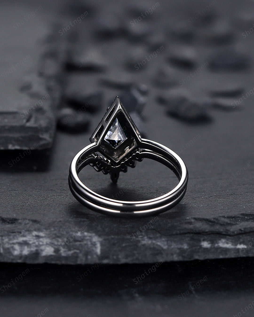 Black Gold Kite Shape Gray Moissanite Engagement Ring Set, Black Halo Promise Ring, Black Wedding Ring Set, V Shape Black Bridal Set for her - ShainJewelry