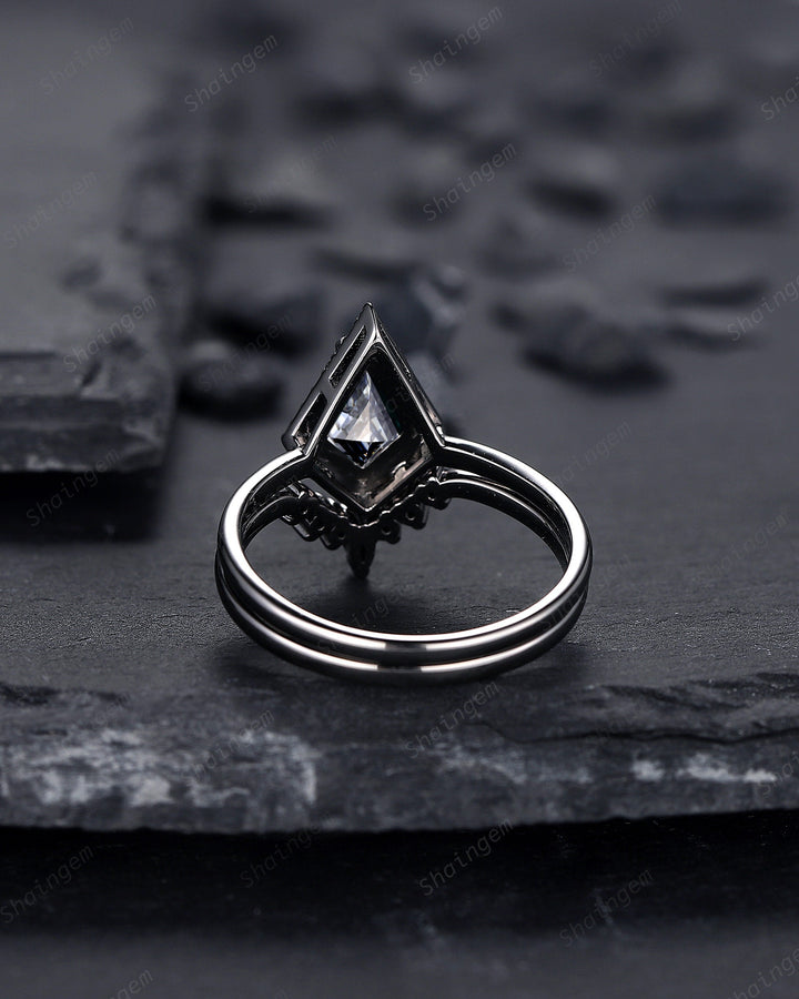 Black Gold Kite Shape Gray Moissanite Engagement Ring Set, Black Halo Promise Ring, Black Wedding Ring Set, V Shape Black Bridal Set for her - ShainJewelry