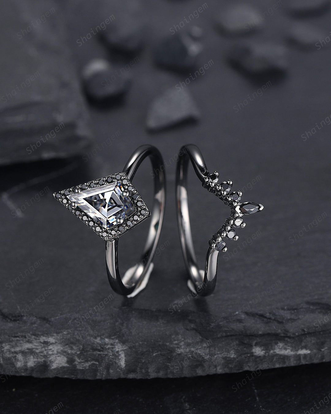 Black Gold Kite Shape Gray Moissanite Engagement Ring Set, Black Halo Promise Ring, Black Wedding Ring Set, V Shape Black Bridal Set for her - ShainJewelry