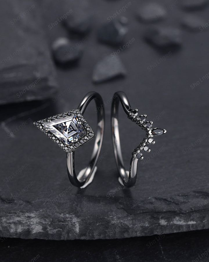 Black Gold Kite Shape Gray Moissanite Engagement Ring Set, Black Halo Promise Ring, Black Wedding Ring Set, V Shape Black Bridal Set for her - ShainJewelry