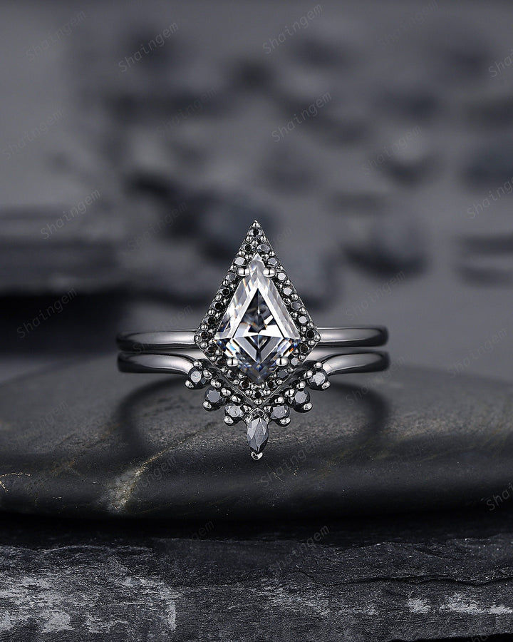 Black Gold Kite Shape Gray Moissanite Engagement Ring Set, Black Halo Promise Ring, Black Wedding Ring Set, V Shape Black Bridal Set for her - ShainJewelry
