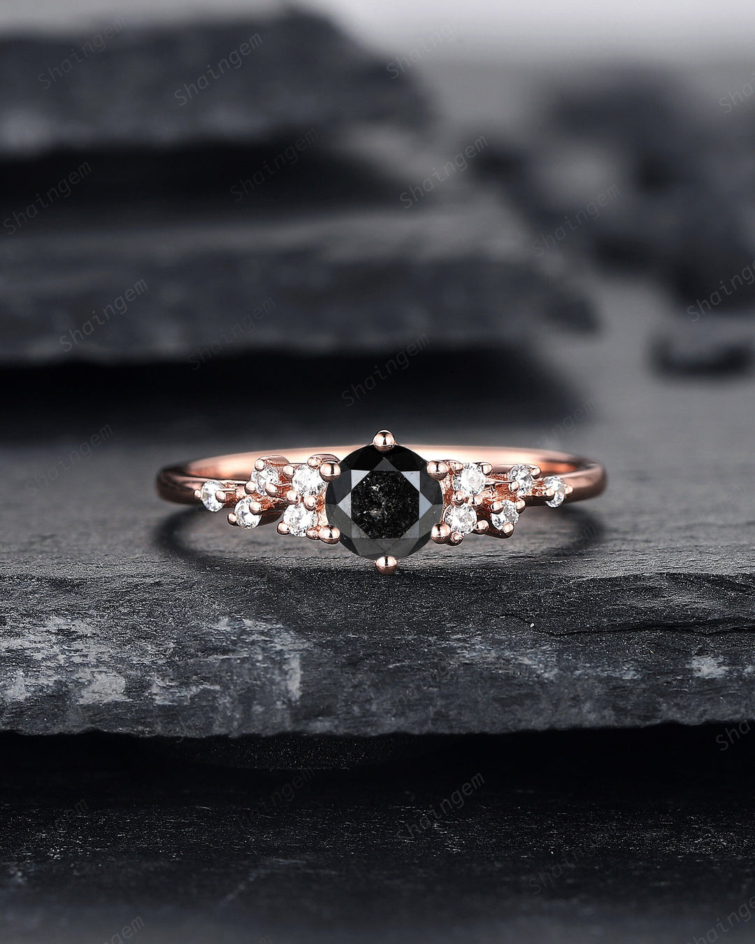 0.5CT Black Diamond Engagement Ring ,14K Rose Gold Round Natural Black Diamond Snowdrift Promise Ring Cluster Anniversary Ring Gift - ShainJewelry