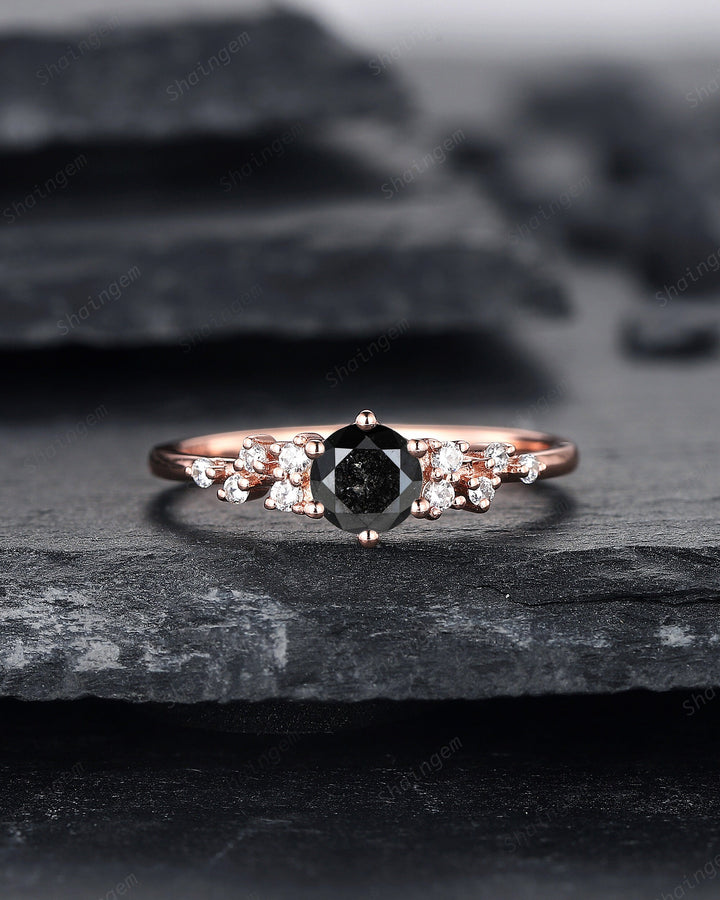 0.5CT Black Diamond Engagement Ring ,14K Rose Gold Round Natural Black Diamond Snowdrift Promise Ring Cluster Anniversary Ring Gift - ShainJewelry