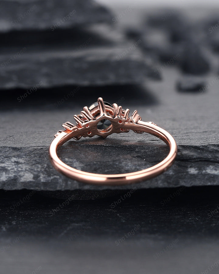 0.5CT Black Diamond Engagement Ring ,14K Rose Gold Round Natural Black Diamond Snowdrift Promise Ring Cluster Anniversary Ring Gift - ShainJewelry
