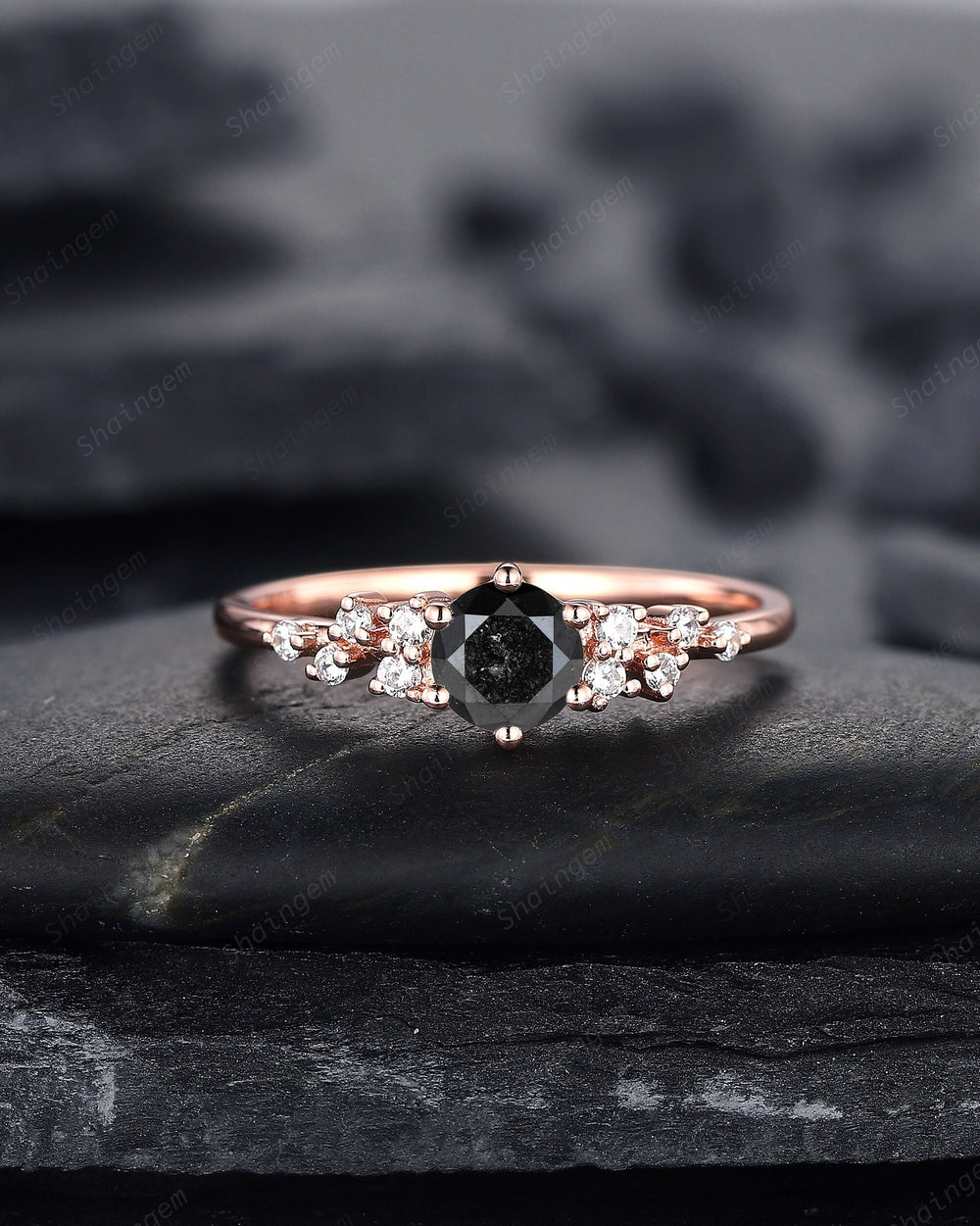 0.5CT Black Diamond Engagement Ring ,14K Rose Gold Round Natural Black Diamond Snowdrift Promise Ring Cluster Anniversary Ring Gift - ShainJewelry