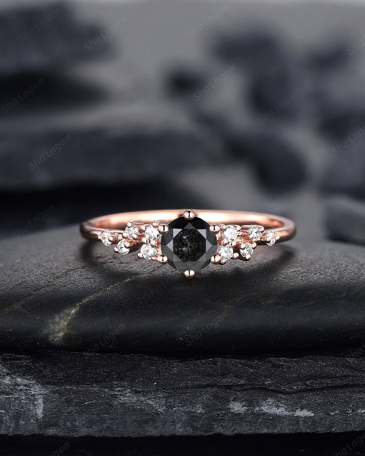 0.5CT Black Diamond Engagement Ring ,14K Rose Gold Round Natural Black Diamond Snowdrift Promise Ring Cluster Anniversary Ring Gift - ShainJewelry