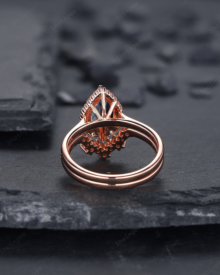 Vintage Pear Shape Alexandrite Engagement Ring Set, 14K 18K Rose Gold Alexandrite Halo Wedding Set, V Shape Bridal Set, Curved Ring Set - ShainJewelry