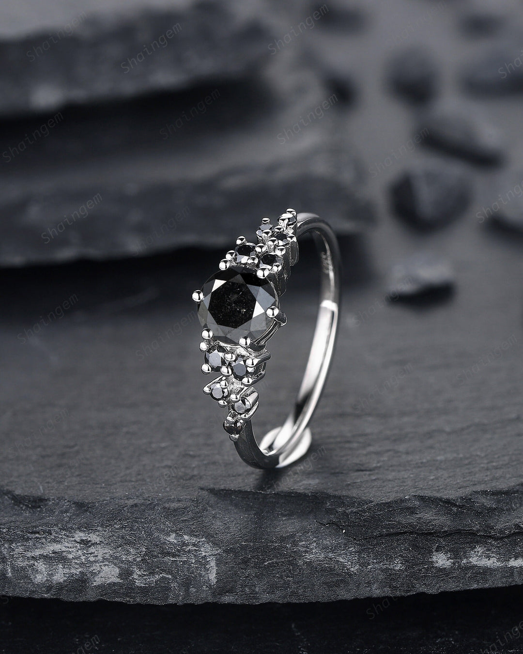6mm Round Shape Natural Black Diamond Engagement Ring ,14K 18K White Gold Snowdrift Promise Ring, Cluster Wedding Anniversary Ring Gift - ShainJewelry