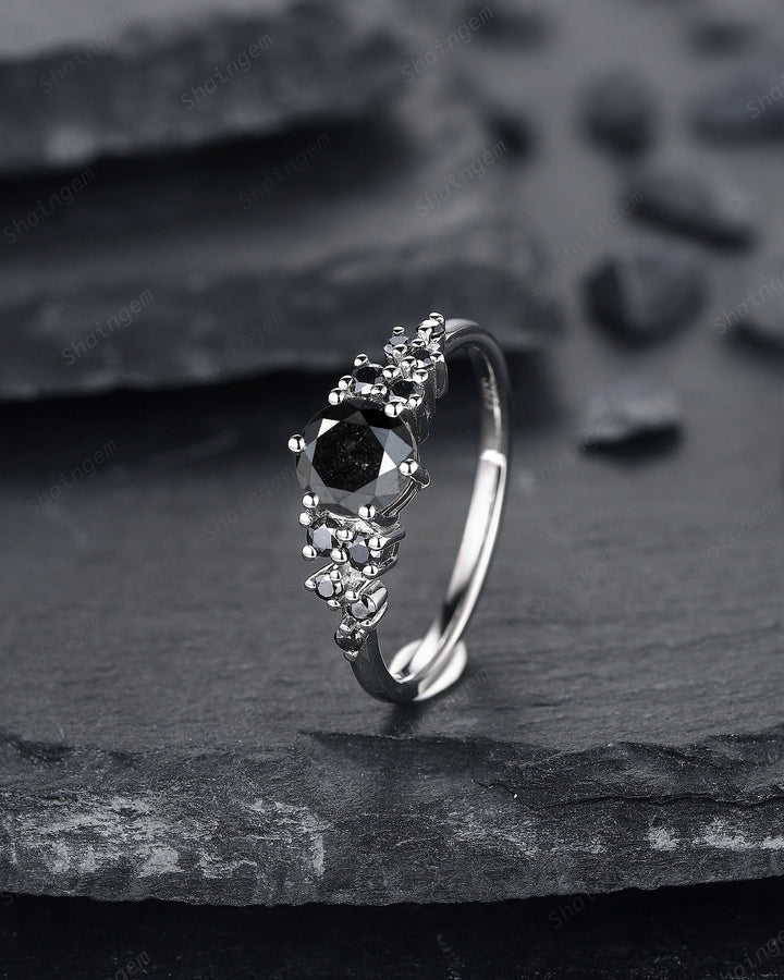 6mm Round Shape Natural Black Diamond Engagement Ring ,14K 18K White Gold Snowdrift Promise Ring, Cluster Wedding Anniversary Ring Gift - ShainJewelry