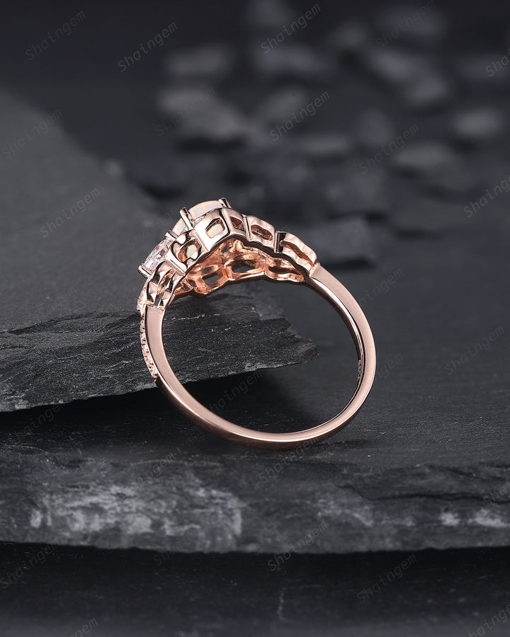 Vintage Oval Shape Natural Australian White Opal Engagement Ring, Unique 14K 18K Rose Gold Cluster Wedding Ring, Opal Promise Ring Gift - ShainJewelry