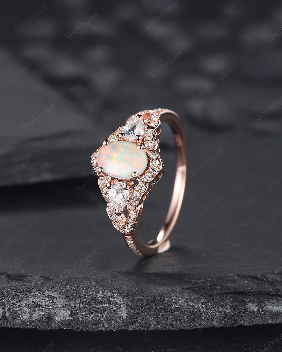 Vintage Oval Shape Natural Australian White Opal Engagement Ring, Unique 14K 18K Rose Gold Cluster Wedding Ring, Opal Promise Ring Gift - ShainJewelry