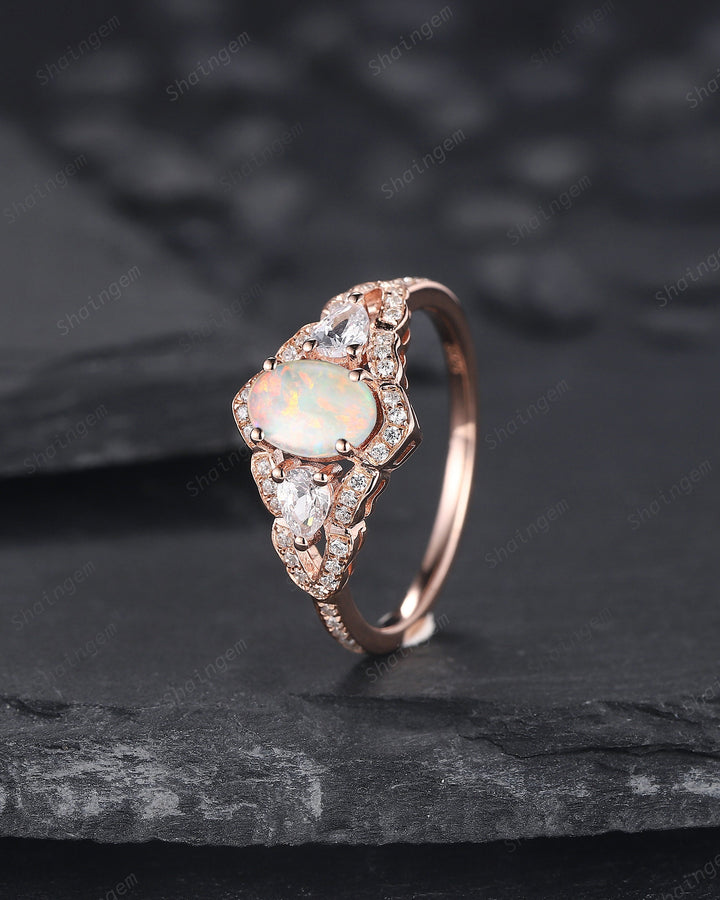 Vintage Oval Shape Natural Australian White Opal Engagement Ring, Unique 14K 18K Rose Gold Cluster Wedding Ring, Opal Promise Ring Gift - ShainJewelry
